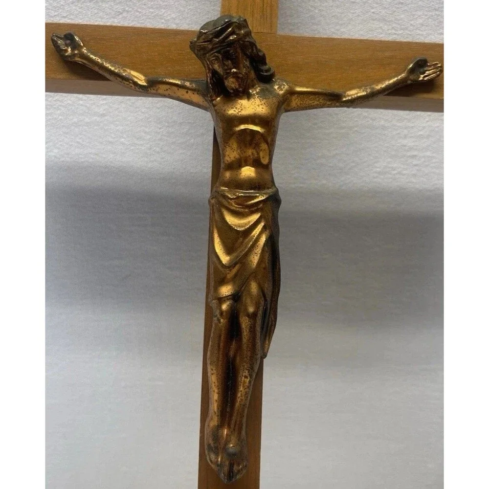 Vintage 15” Wood & Brass INRI Crucifix Jesus Cross Catholic Christian Candle 2pc